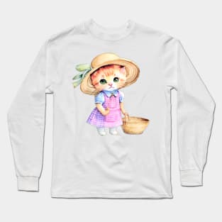 Cute kitten in pink gingham dress and straw hat children’s illustration I Long Sleeve T-Shirt